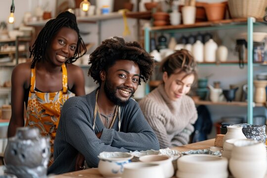 Smiling diverse group of four friends sharing a good time while surrounded by pottery in a workshop