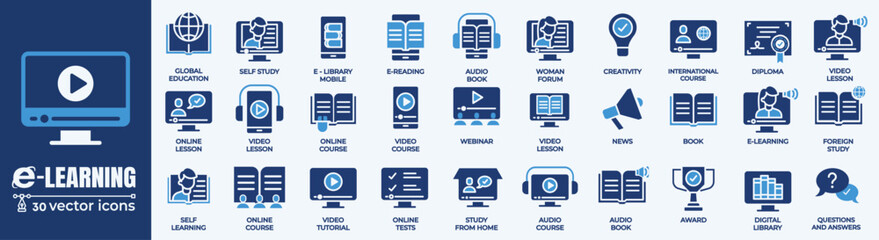 Simple Set of E- Learning, Online Course and Education Related Vector Line Icons. Contains thin Icons as E book, Audio book, Distance Study and more. Editable Stroke. 48x48 Pixel Perfect