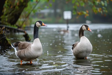 Obraz premium A pair of geese swim serenely in a lake surrounded by colorful autumn leaves and trees