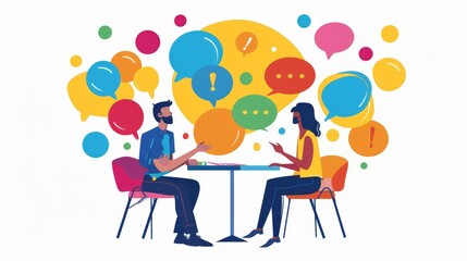 Diverse Group of People Having a Conversation at a Round Table with Speech Bubbles in the Background