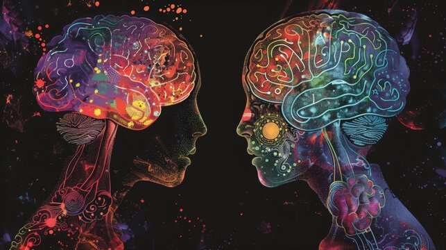 Deep Conversations: Illustrated Digital Art, Colorful Futurism, Stylized Portraits, Neural Interaction, Vibrant Abstract Background