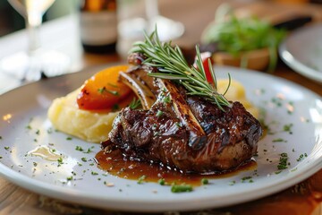 Succulent grilled lamb chops served with mashed potatoes and garnished with herbs on a white plate