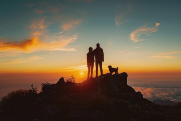 Fototapeta premium Two people and a dog stand on a hill against a vibrant sunset skyline The figures are in silhouette with a stunning backdrop of the sun setting and clouds below