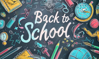 Back to School Chalkboard Illustration with Colorful School Supplies