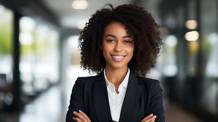 Fototapeta premium Professional Black Businesswoman Headshot: Modern Office Hallway Background