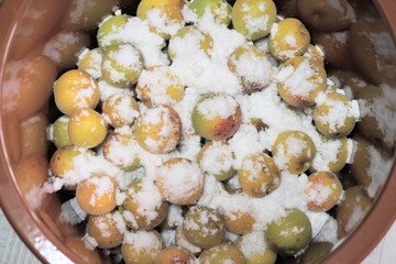 梅干し作り始めます♪まずは、梅に塩をまぶす