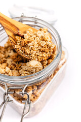 Close-up of healthy breakfast granola in a jar