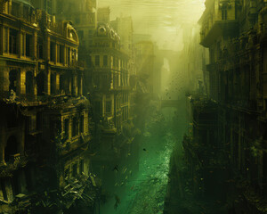 Obraz premium Underwater Ancient City Ruins A Mysterious and Mesmerizing Underwater World with Submerged Ancient Architecture and Ruined Buildings