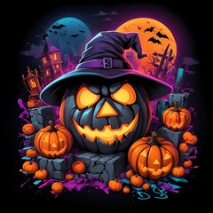 A Halloween themed image with a pumpkin with a scary face and a witch's hat
