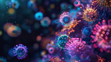 Colorful microscopic view of viruses and cells in a dark background, health and science concept