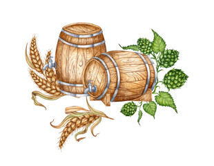 Two wooden barrels with a tap, hops and ears of wheat for beer, wine, cognac, rum, brandy and other alcoholic drinks watercolor illustration. Isolated from the background. Suitable for interior design