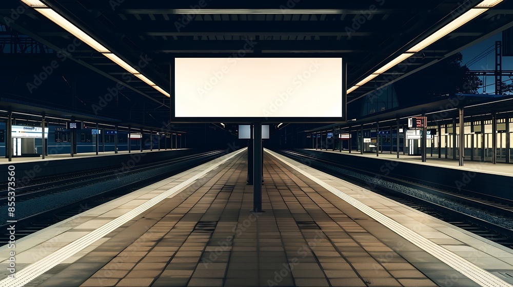 Aufkleber billboard on the passenger platform of a railway station at nightmockup : generative ai