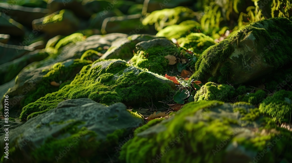 Poster beautiful bright green moss grown up cover the rough stones and on the floor in the forest show with