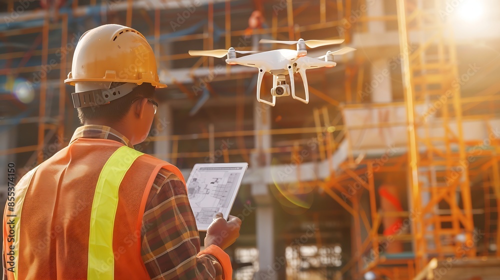 Poster Engineer surveyor team Use drone for operator inspecting and survey construction site Surveyors or explorer use drones to view construction sites or check security : Generative AI