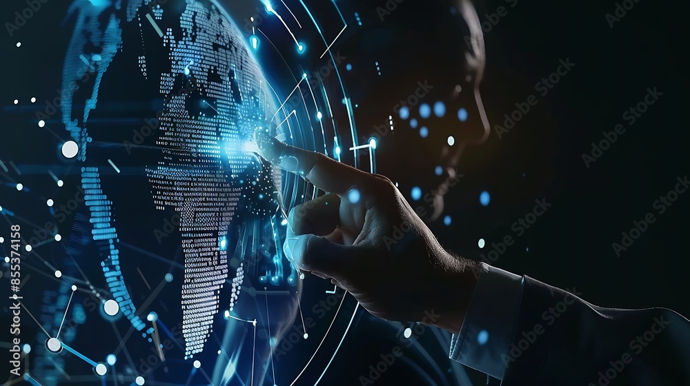 Fototapete Ai tech businessman show virtual graphic Global Internet connect robot Chat with AI Artificial Intelligence Using command prompt for generates something Futuristic technology transform : Generative AI