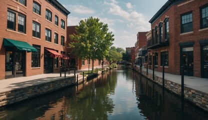Fototapeta premium Tranquil canal by brick buildings