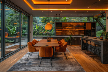 Fototapeta premium Green Dining Room with Brown Chairs