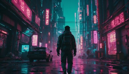 Naklejka premium Person walking in neon-lit cyberpunk city