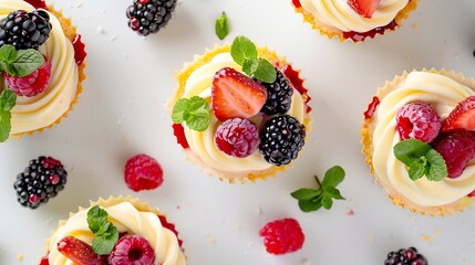 Fresh berries  with custard filling and mint with raspberry blackberry and strawberry mini cakes  cup cakes  top view : Generative AI