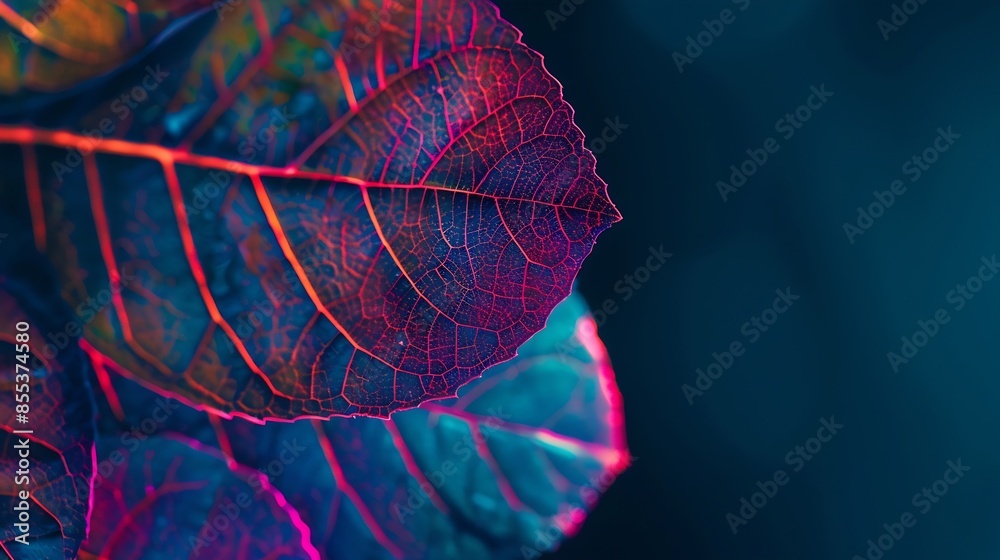 Aufkleber Close up Beautiful faded old leaf in neon light Minimalism retro style concept 80s Background pattern for design Macro photography view : Generative AI
