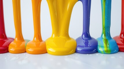 Multiple streams of vibrant, rainbow-colored paint pouring down, creating a visually appealing and colorful abstract image.