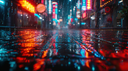 A wet street illuminated by colorful neon lights during a rainy night, reflecting vibrant city life and urban atmosphere.