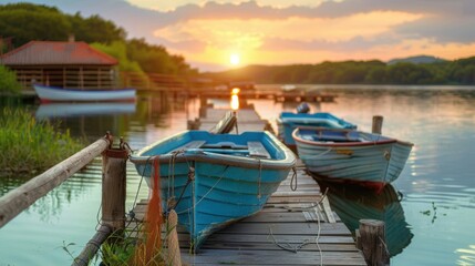 Obraz premium A picturesque sunset scene with rowboats docked at a wooden pier, surrounded by calm water and a tranquil atmosphere.