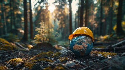 Fototapeta premium A globe wearing a yellow hard hat placed in a sunlit forest, symbolizing environmental protection and global sustainability.