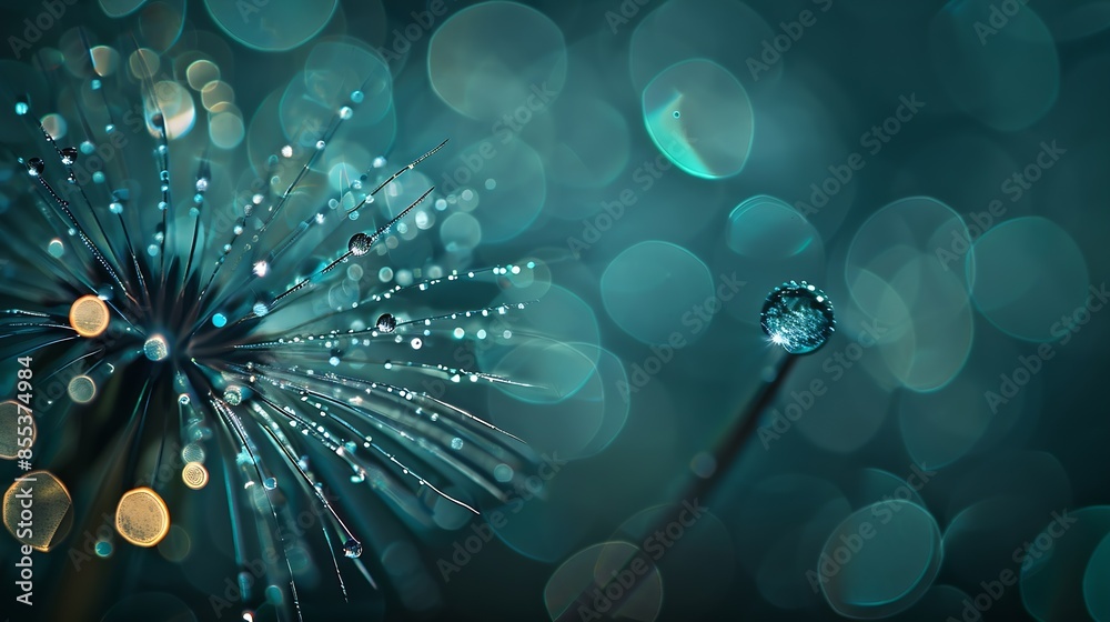 Aufkleber Beautiful shiny dew water drop on dandelion seed in nature macro Soft selective focus sparkling bokeh Dark blue green background : Generative AI