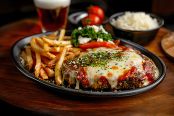 Parmegiana Steak also known as Filet Parmegiana in a wood plate on a rustic wooden background, cheese and tomato sauce, steak parmigiana , rice, french fries, Soft light, angle view.