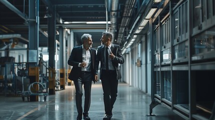 Mature businessman discussing and walking with colleague in industry : Generative AI