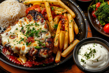 Parmegiana Steak also known as Filet Parmegiana in a wood plate on a rustic wooden background, cheese and tomato sauce, steak parmigiana , rice, french fries, Soft light, top view.