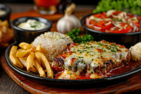 Parmegiana Steak also known as Filet Parmegiana in a wood plate on a rustic wooden background, cheese and tomato sauce, steak parmigiana , rice, french fries, Soft light, angle view.