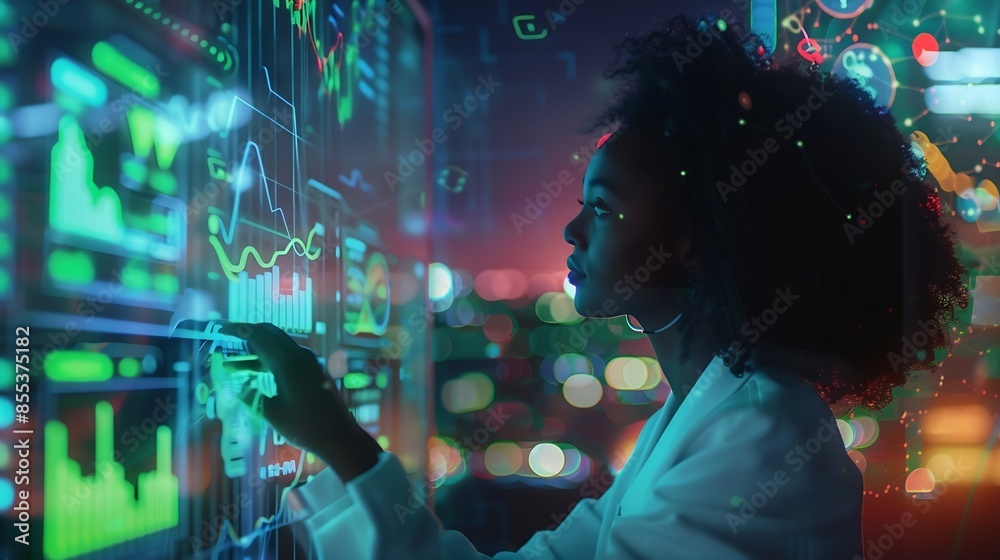 Poster Computer data hologram hud or woman review finance chart stock market database or futuristic night overlay Forex investment dashboard web ecommerce or African trader trading NFT or bit : Generative AI