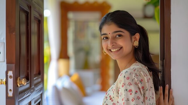 Cheerful young Indian woman with welcoming gesture standing by open door expressing joy and warmth in homey and welllit living room setting free space : Generative AI