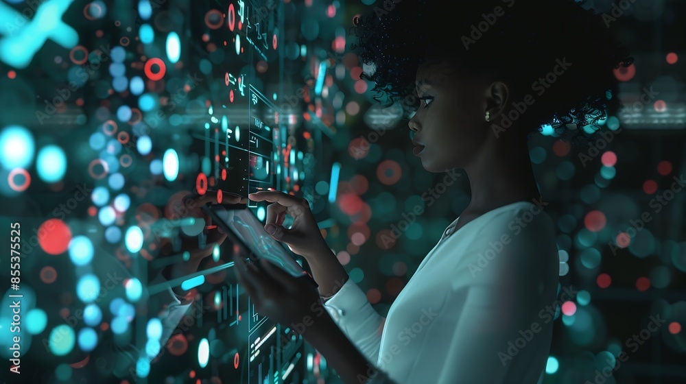 Aufkleber Black woman with tablet erp data hologram and innovation research and programming in future information technology Futuristic network analytics and developer for startup business websi : Generative AI