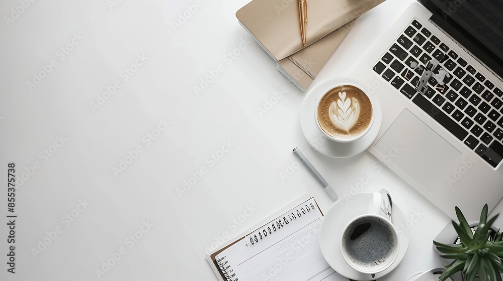 Poster Minimalist office desk setup featuring a sleek laptop a cup of coffee and neatly arranged work documents in a bright space : Generative AI