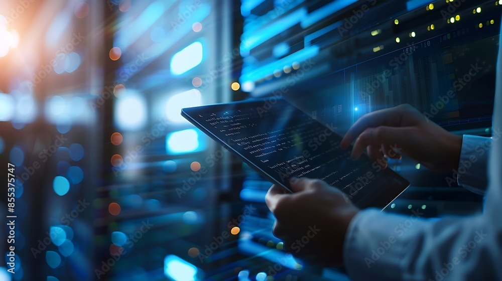 Fototapete Data science digital technology internet global network Computer programmer using digital tablet with data center and big data management innovation technology background software deve : Generative AI