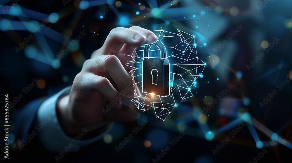 Poster Cyber security Hand hold digital padlock Login verified identity credentials on network of data protection technologyOnline internet authorized access against cyber attack and business : Generative AI