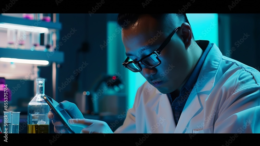 Aufkleber tablet planning and scientist with digital innovation data and reading in laboratory asian man docto