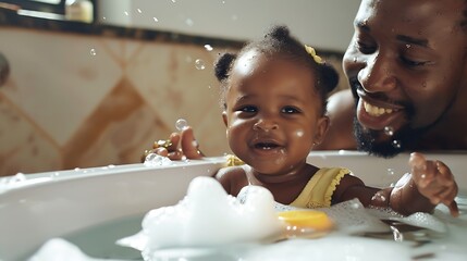 Happy African family father bathing kid in tub dad washing and cleaning his little toddler girl daughter child in bath Cheerful toddle baby infant having fun while taking bubble bath i : Generative AI