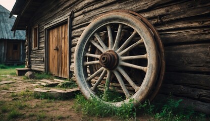 Obraz premium Old wooden wheel by a rustic cabin