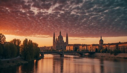 Naklejka premium Sunset over historic European cathedral