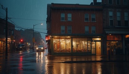Naklejka premium Rainy night view outside a corner store