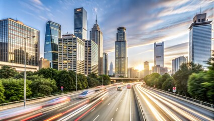Fototapeta premium Speed road urban traffic, skyscrapers rush hour sunset, city skyline, cars motion long exposure blur