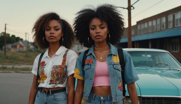 Twin sisters posing with vintage car
