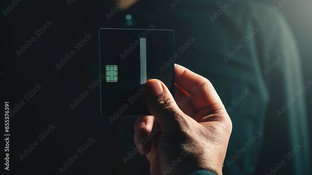 Aufkleber closeup image of hand and digital identification card or digital id on black background technology c