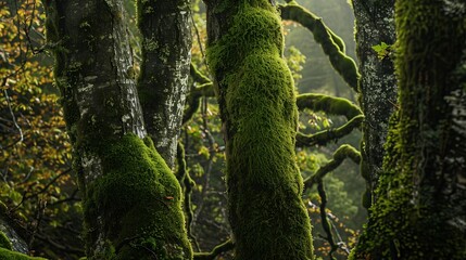 Fototapeta premium Close up lush green moss envelops the trees in the mystical woods of Torla in Ordesa National Park Spain creating an enchanting natural tapestry : Generative AI