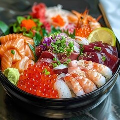 Exquisite chirashi sushi presentation with a focus on premium seafood cuts and vibrant colors