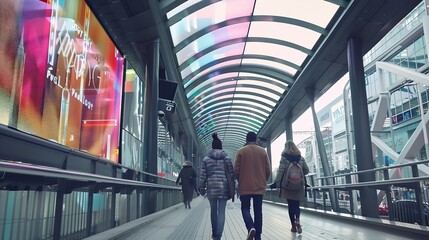 Fototapeta premium Group of people walking in public bridged walkway in station with blurred colorful digital signage advertisement board on passage in modern city at daylight : Generative AI